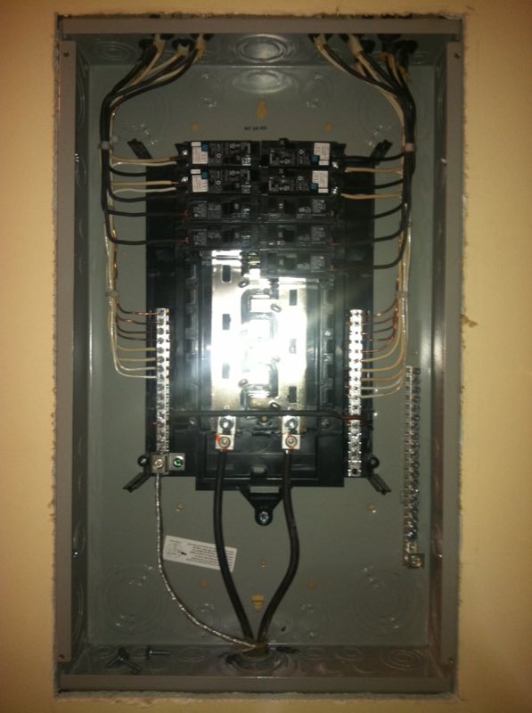 Open breaker panel wired and labelled