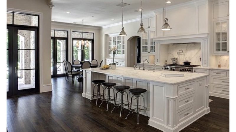 Kitchen with new pendant lighting installed